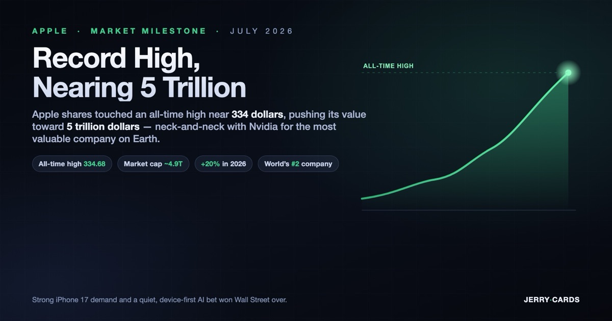 A dark-mode illustration of a rising green stock chart breaking through an all-time-high line, marking Apple's record share price and near-$5-trillion market cap in July 2026.