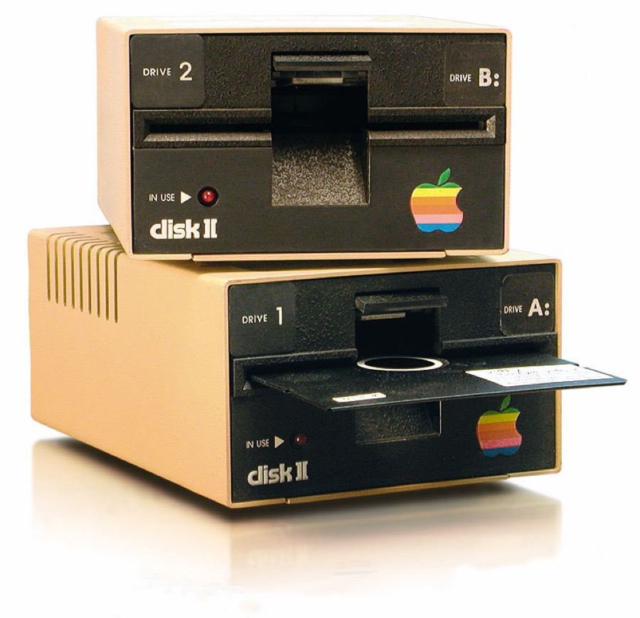 Apple Disk II floppy disk drives with rainbow Apple logos