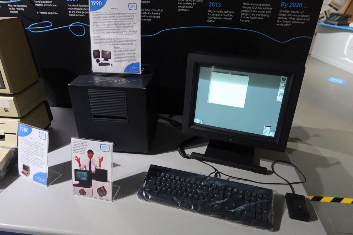 The NeXT Cube, Steve Jobs's high-end workstation built during his 12-year exile from Apple. Apple acquired NeXT in December 1996 for 429 million dollars, bringing Jobs back to the company he founded.