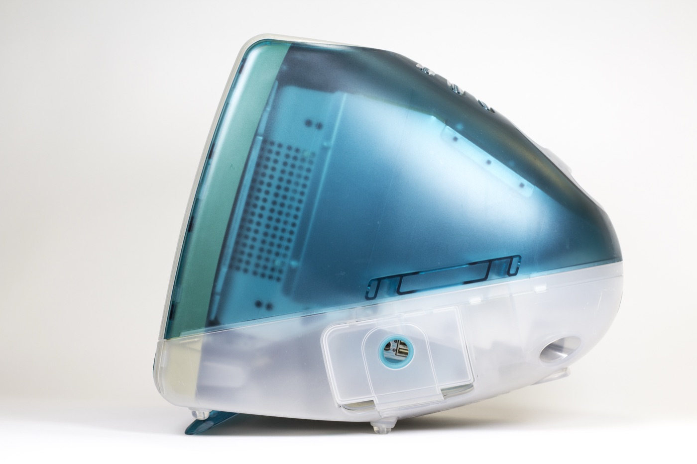The Bondi Blue iMac G3 from 1998, the translucent all-in-one computer designed by Jonathan Ive under Steve Jobs's direction