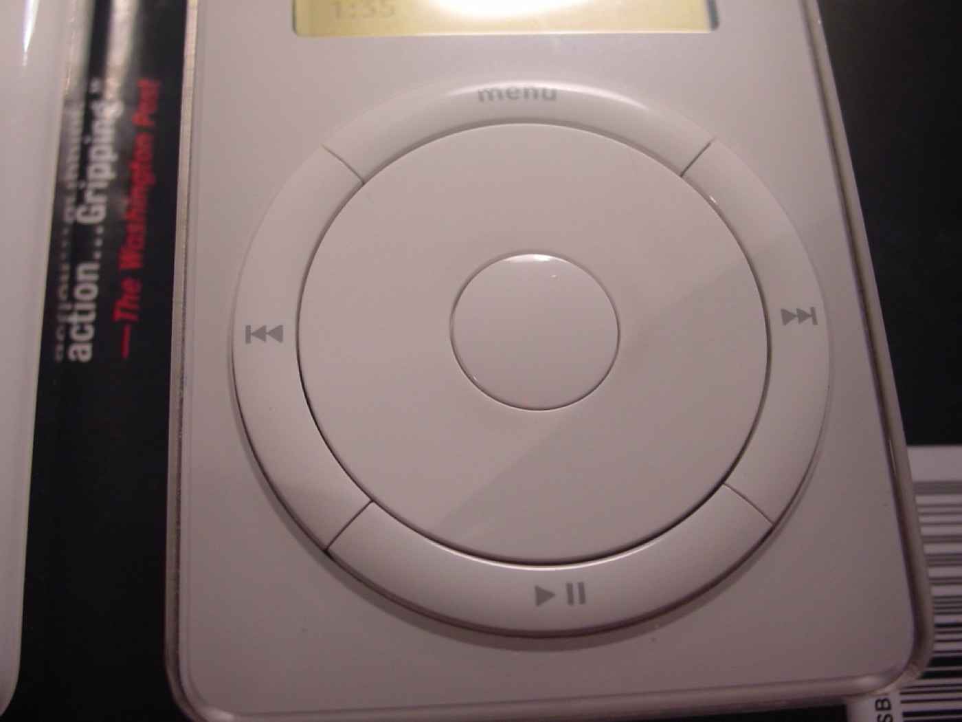 The first generation Apple iPod from October 2001 with the original mechanical scroll wheel and 5GB hard drive that held 1000 songs