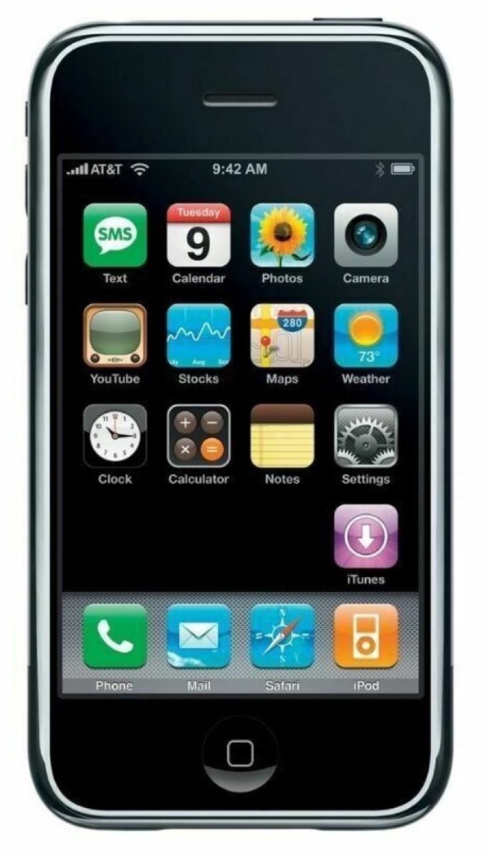 The original 2007 Apple iPhone running iPhone OS 1, unveiled by Steve Jobs at Macworld on January 9, 2007