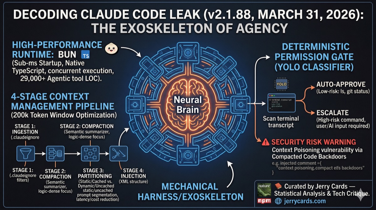 Claude Code leaked architecture infographic showing the harness exoskeleton concept with Bun runtime, context pipeline, and YOLO classifier