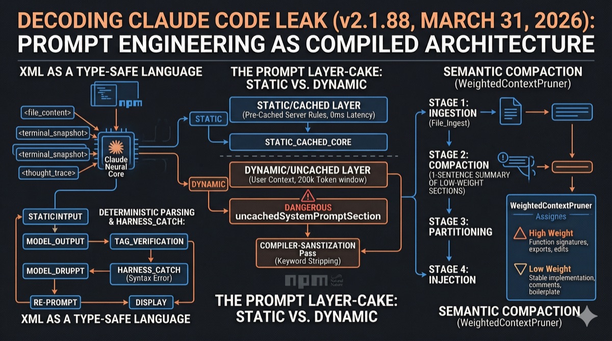 Claude Code Part 4 infographic showing prompt architecture layers with static vs dynamic partitioning, XML boundaries, and semantic compaction pipeline