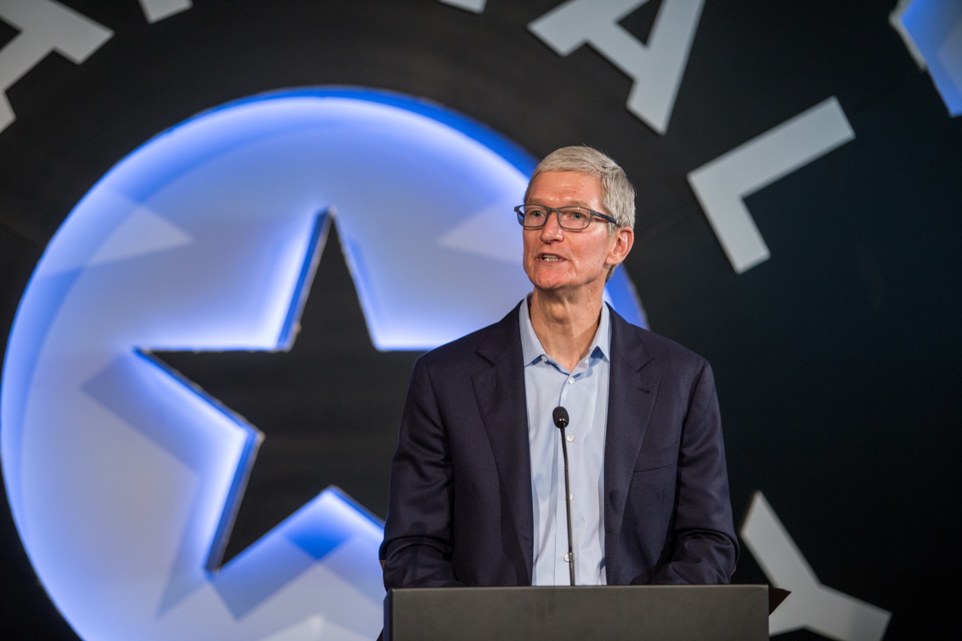 Tim Cook speaking at an Apple event in 2017 during the Apple Park era
