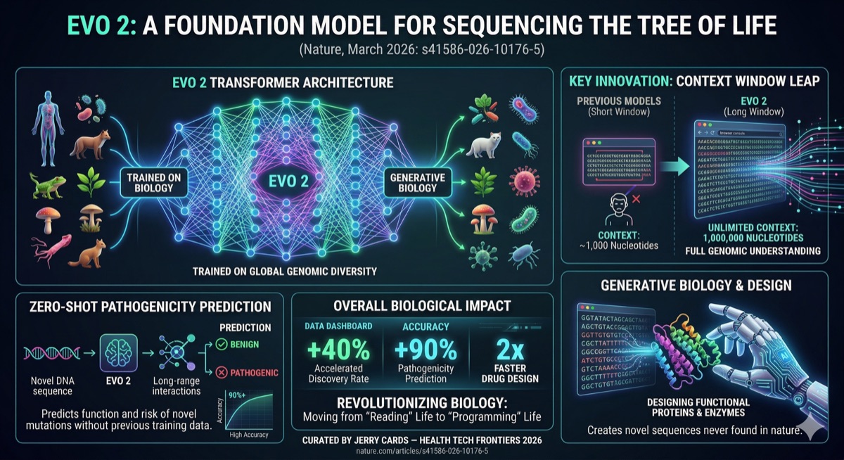 Evo 2 foundation model infographic showing 1-million nucleotide context window, zero-shot pathogenicity prediction, and generative biology capabilities