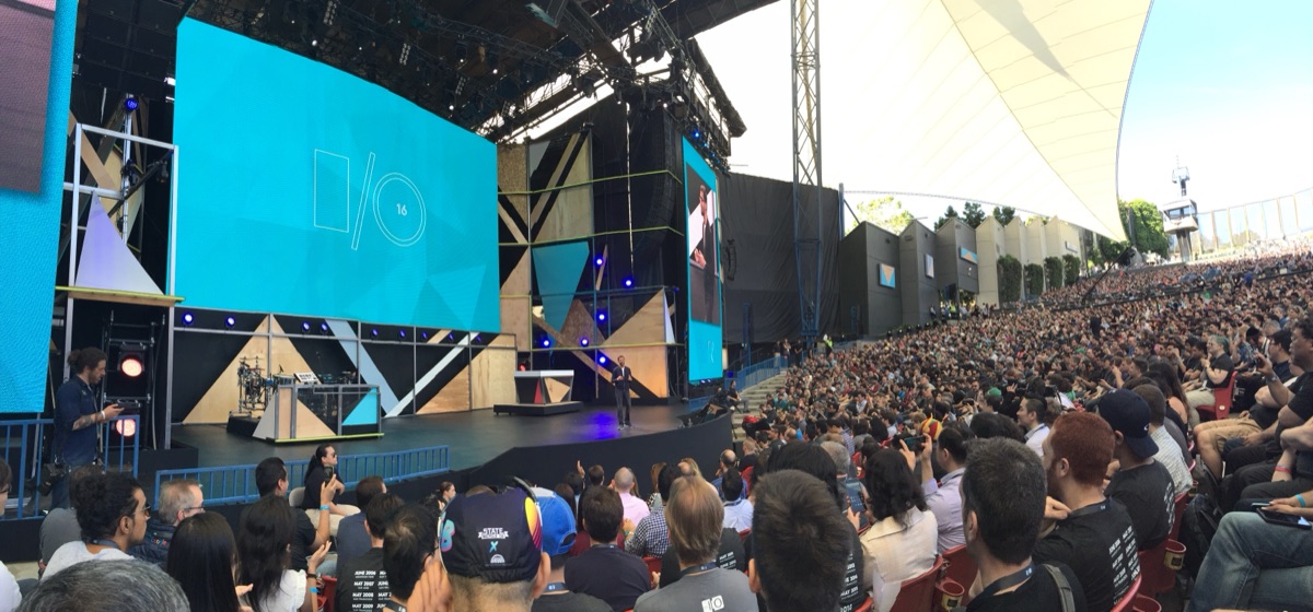 Shoreline Amphitheatre in Mountain View, where Google I/O 2026 begins today (May 19) with Sundar Pichai's keynote at 10am PT covering Android XR smart glasses, Gemini Intelligence, and the Googlebook