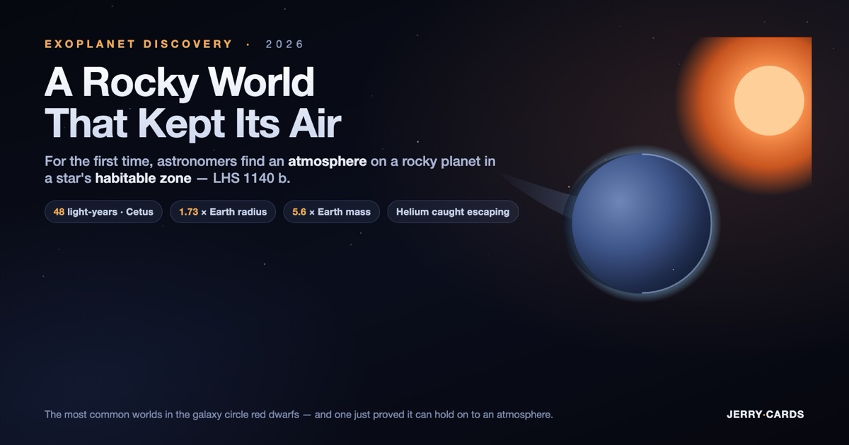 A dark-mode illustration of the super-Earth LHS 1140 b as a blue crescent beside its orange red-dwarf star, with a faint tail of helium escaping into space. Artist’s concept, not a photograph.