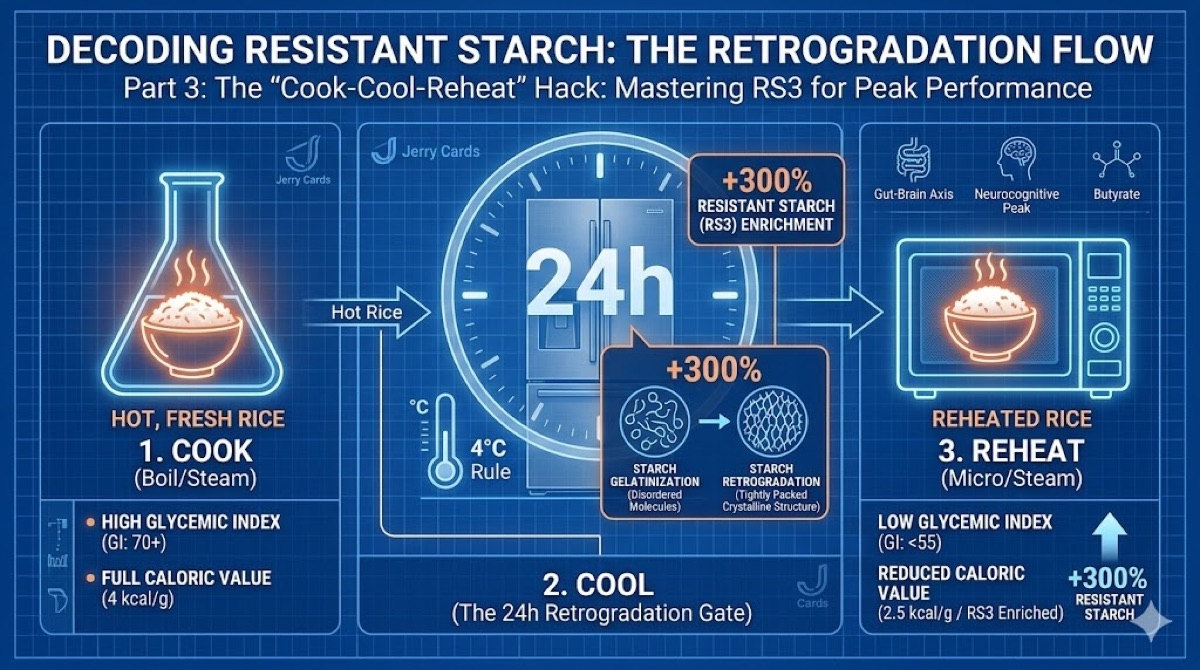 Retrogradation flow infographic showing the 3-step Cook-Cool-Reheat process that transforms regular starch into RS3 with 300% increase