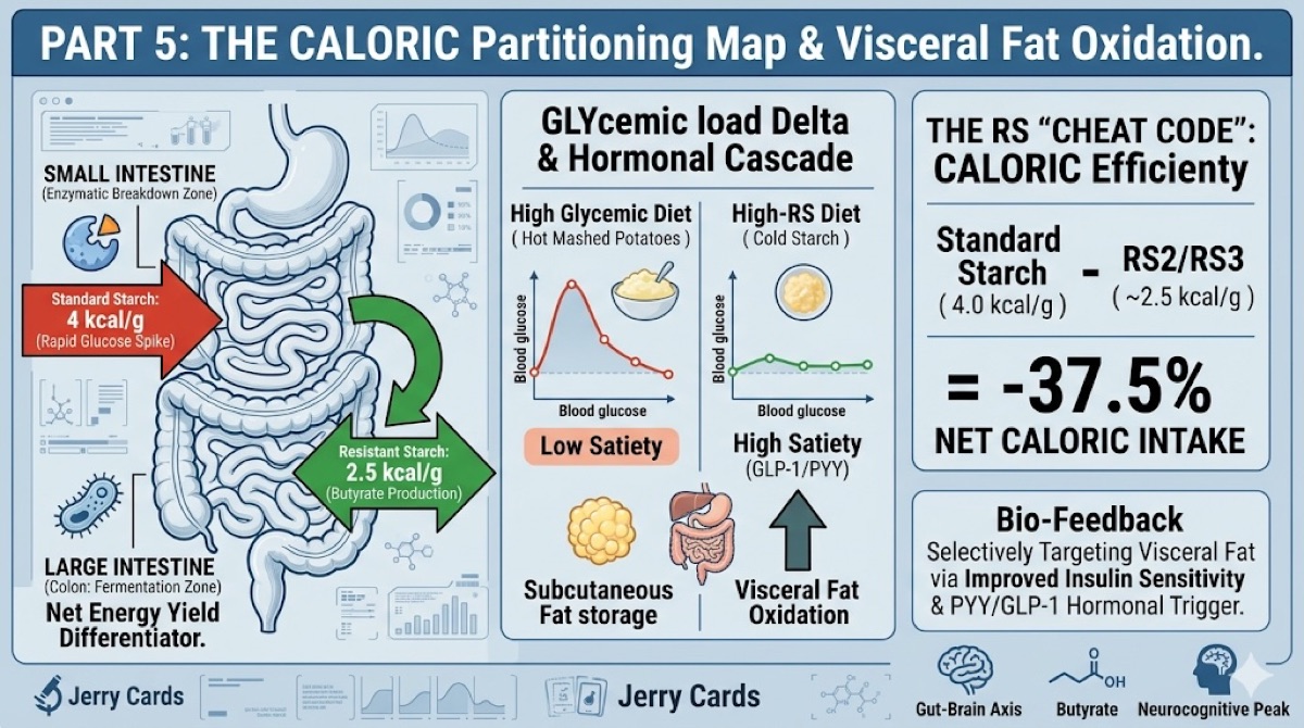 Caloric partitioning map showing standard starch at 4 kcal/g absorbed in small intestine vs resistant starch at 2.5 kcal/g fermented in large intestine with visceral fat oxidation