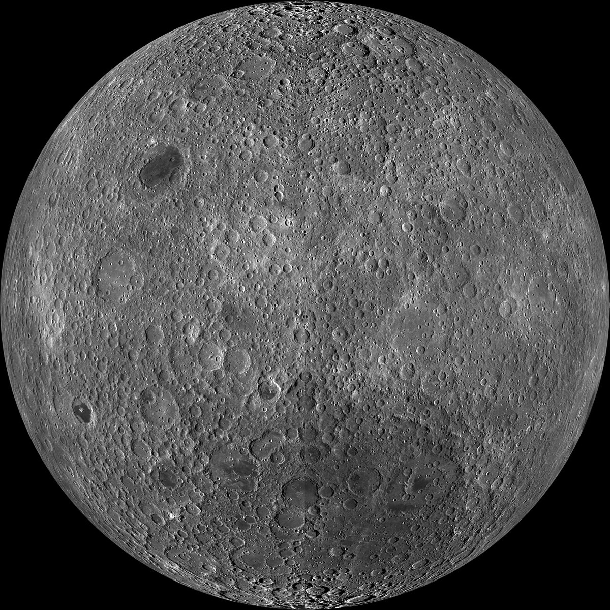 NASA Lunar Reconnaissance Orbiter mosaic of the Moon's far side, where the vast South Pole-Aitken basin - the Moon's largest and oldest impact crater - dominates the lower hemisphere